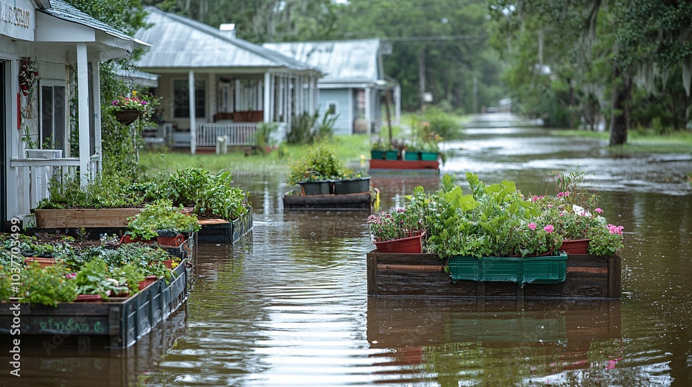 Poster a community garden being started on rooftops in a city impacted by floodwaters stock photo with side
