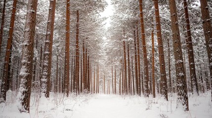 Fototapeta premium Serene snow-covered forest with tall pine trees dusted in white soft sunlight filtering through the branches shot from a low angle wide lens 