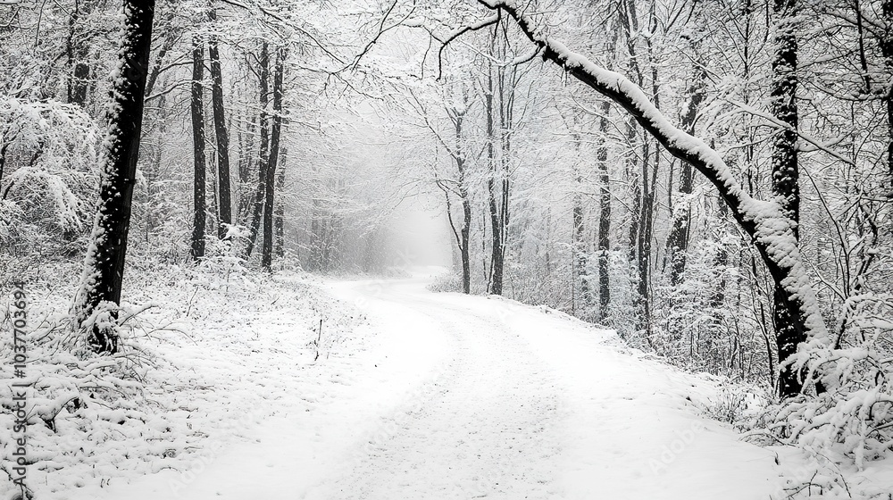 Poster snowy path winding through a dense forest with heavy snow on branches soft overcast light shot from 