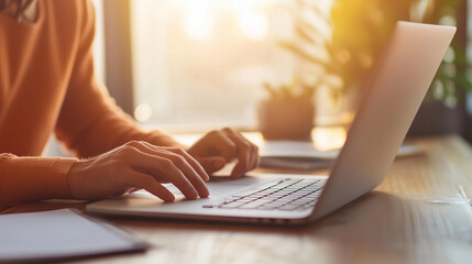 person typing on laptop in bright, sunlit environment, surrounded by plants and cozy workspace. warm light creates productive and inviting atmosphere.