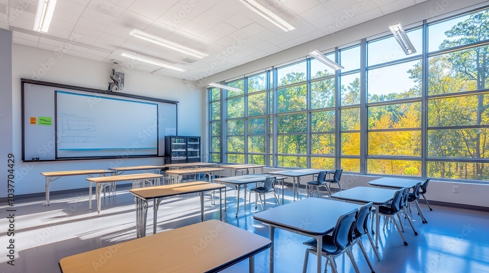 Poster modern classroom with large windows sleek desks and interactive whiteboard soft natural light stream