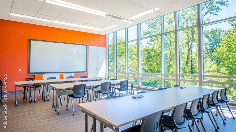 Poster modern classroom with large windows sleek desks and interactive whiteboard soft natural light stream