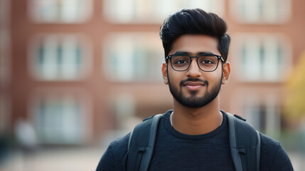 Obraz premium young Indian man with glasses and backpack stands confidently outdoors, showcasing friendly smile against blurred background of school or university building.