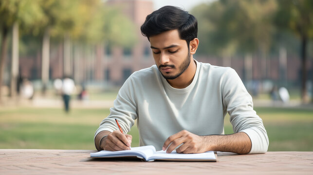 young Indian man is focused on writing in notebook outdoors, surrounded by greenery and serene environment. His concentration reflects dedication to his studies.