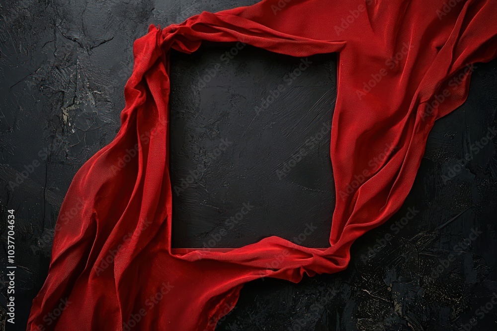Poster dark fantasy scene with a red fabric frame on a black concrete background, creating a dramatic and m