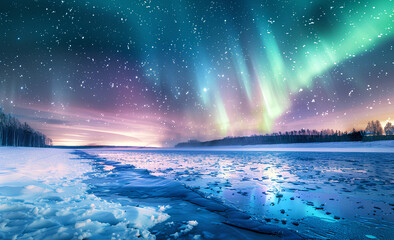 Beautiful northern lights over frozen lake with snow-covered landscape in winter night, vibrant colors of aurora borealis on sky, northern light at arctic polar region