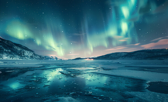Beautiful northern lights over frozen lake with snow-covered landscape in winter night, vibrant colors of aurora borealis on sky, northern light at arctic polar region