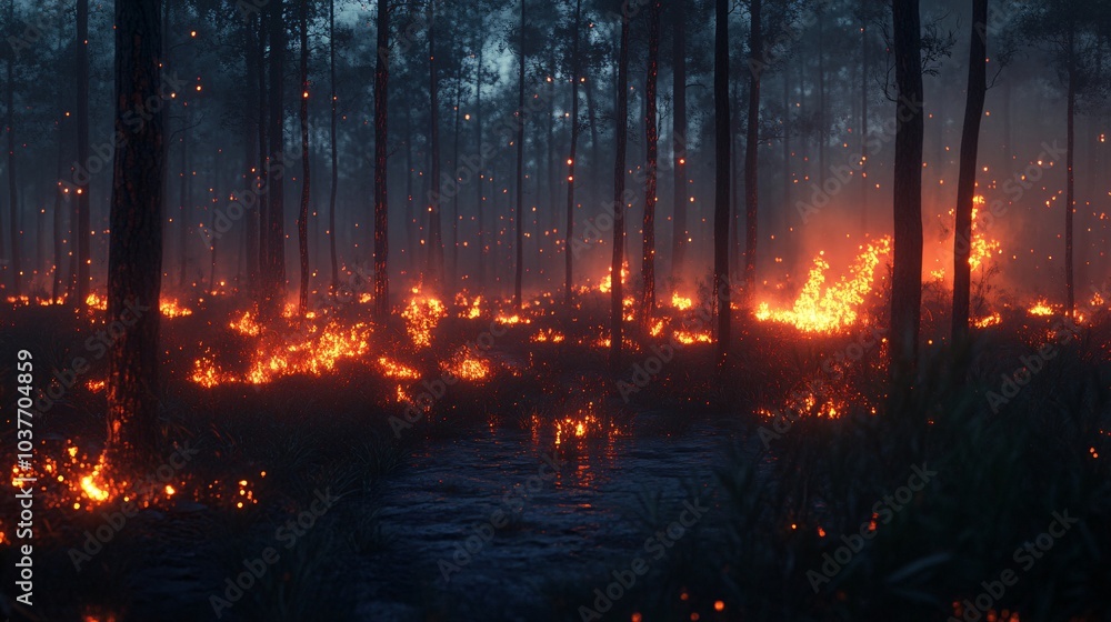 Poster flames rapidly consuming a forest showing the critical need for sustainable fire prevention methods 