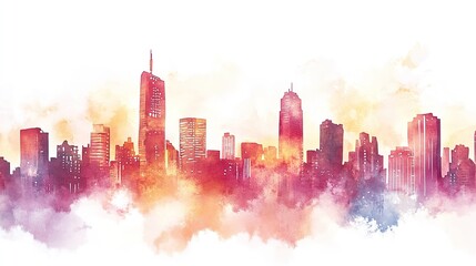 Obraz premium A misty skyline view of a vibrant city at dawn, highlighting tall buildings and urban landscape against a cloudy sky
