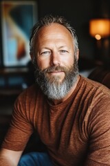 Obraz premium Portrait of a smiling man with gray beard wearing a brown shirt sitting indoors