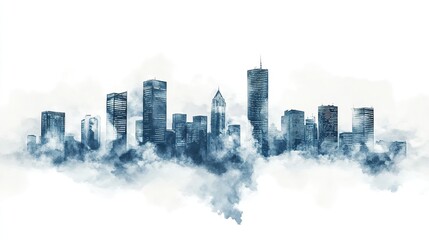 A misty skyline view of a vibrant city at dawn, highlighting tall buildings and urban landscape against a cloudy sky