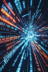 Digital Tunnel Featuring Futuristic Data Stream and Binary Code Visualization, Representing Abstract Technology