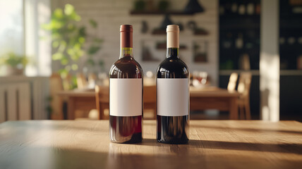 Two bottles of wine with blank labels on the table in modern dining room