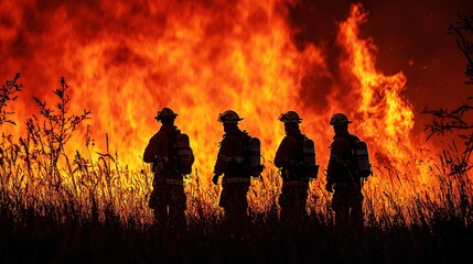 Obraz premium Firefighters standing on the frontline of a wildfire with flames towering behind them Stock Photo with side copy space