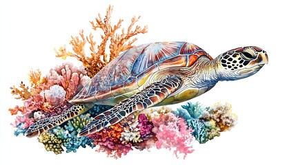 Fototapeta premium Vibrant green sea turtle swimming gracefully among colorful coral reefs in a vivid underwater habitat