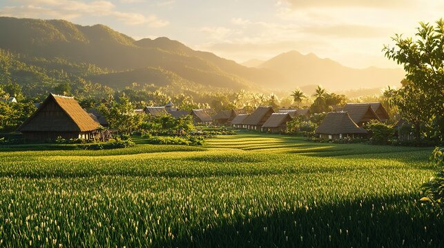 Serene village at sunrise soft golden light casting long shadows over thatched cottages lush green fields in the foreground distant mountains Camera low angle wide shot warm glow 