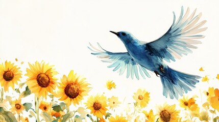 Obraz premium A bird gracefully flies above a field of sunflowers under a bright sky with falling leaves during a serene afternoon