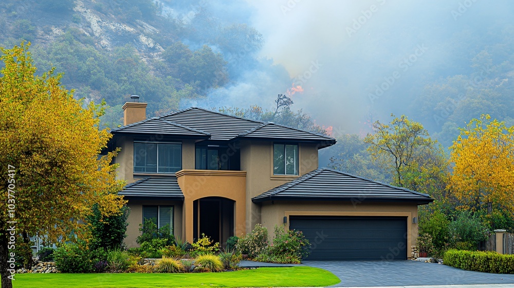 Poster a house with fireproof roofing and walls built with sustainable materials to withstand wildfires sto