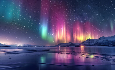 Beautiful northern lights over frozen lake with snow-covered landscape in winter night, vibrant colors of aurora borealis on sky, northern light at arctic polar region