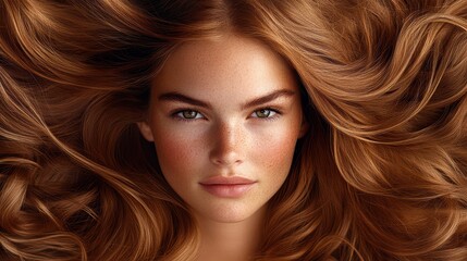 Obraz premium Portrait of a young woman with freckles and long flowing red hair