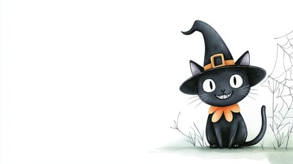 Black cat in a witch costume, eerie grin, cobweb background, watercolor style