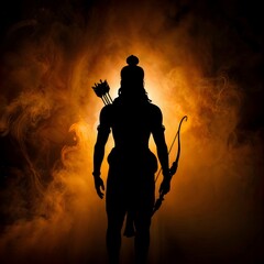 silhouette of lord rama with bow and arrow, standing in a glowing orange halo with smoky background, representing hindu mythology and divine power