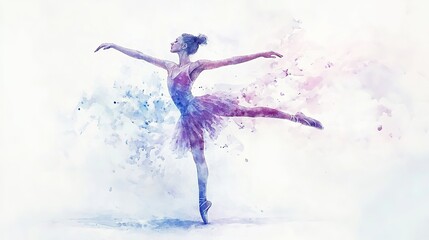 A graceful ballerina performs an elegant pose in a soft watercolor rendition, showcasing beauty and movement in an artistic style