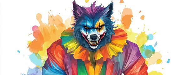 Naklejka premium Playful werewolf in clown costume, haunted carnival, watercolor style