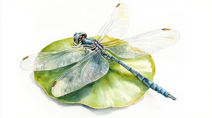 A detailed illustration of a dragonfly resting on a green lily pad in a tranquil setting during daylight hours