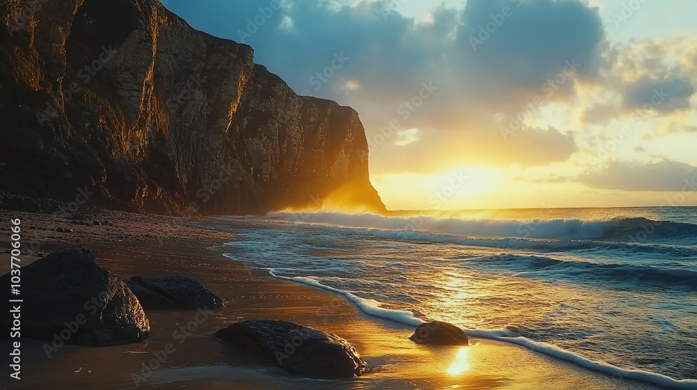 Poster remote beach with rugged cliffs golden light from the setting sun illuminating the rocky formations 