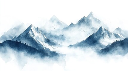 Watercolor landscape depicting majestic blue mountains under a clear sky with soft white clouds in a serene atmosphere