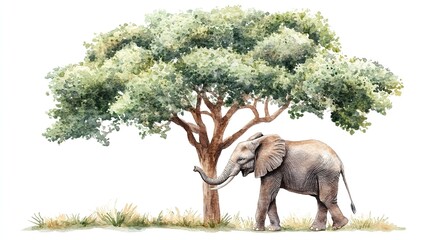 Fototapeta premium An elephant stands gracefully beneath a large acacia tree in a serene landscape during the golden hour of sunset