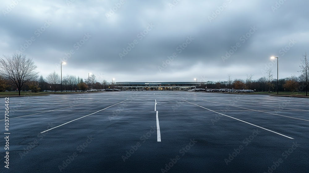 Poster large empty parking lot under overcast sky distant shopping mall in the background soft diffuse ligh