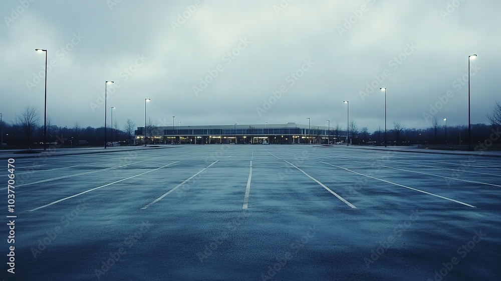 Poster large empty parking lot under overcast sky distant shopping mall in the background soft diffuse ligh