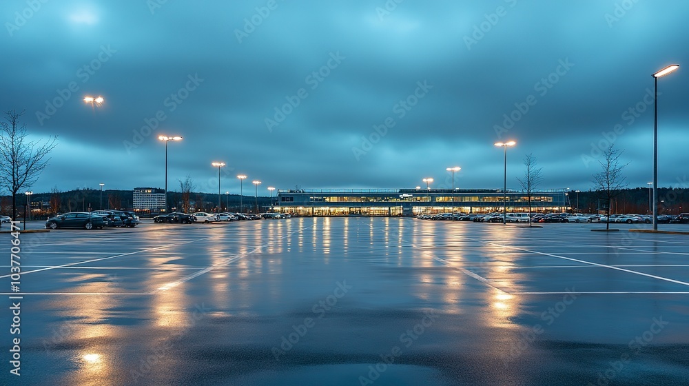 Poster large empty parking lot under overcast sky distant shopping mall in the background soft diffuse ligh