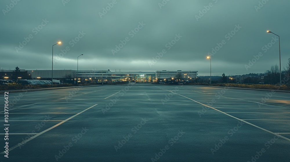 Poster large empty parking lot under overcast sky distant shopping mall in the background soft diffuse ligh