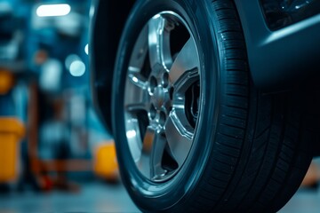 Close-up view of a stylish car wheel in a modern workshop setting highlighting automotive design and technology