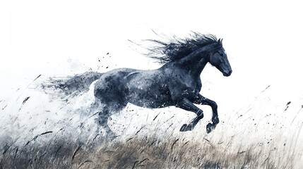 Fototapeta premium A majestic brown horse gallops gracefully across a golden field during a sunny day, showcasing its power and beauty