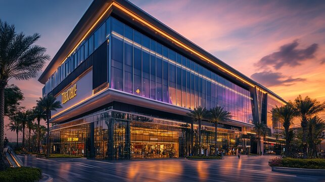 Modern shopping mall at dusk glass facade glowing with warm interior lights reflecting the fading pink and orange sky Camera wide angle from ground level soft evening light  