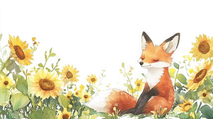 Fototapeta premium A cheerful fox walks through a vibrant sunflower field during a sunny day, surrounded by colorful autumn leaves