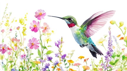 Hummingbird hovering above colorful wildflowers in a vibrant spring garden setting during daylight hours
