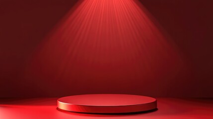 Obraz premium Red podium platform designed for product presentations 3D rendering of a luxurious pedestal stand display Empty tabletop stage with spotlight backdrop