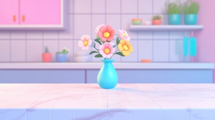 White marble countertop featuring a vase of flowers with a blurred modern kitchen in the background High quality image