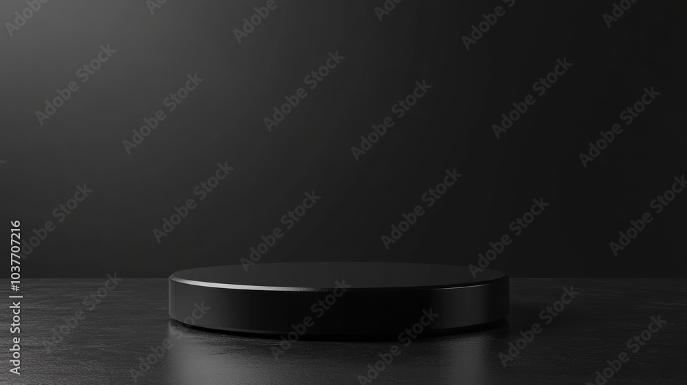 Poster black podium or pedestal on a dark background with an elongated platform empty product shelf serving