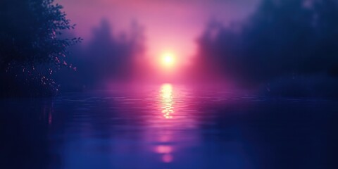 Soft, abstract background of a blurred sunrise reflecting on calm river water, creating a serene and beautiful atmosphere