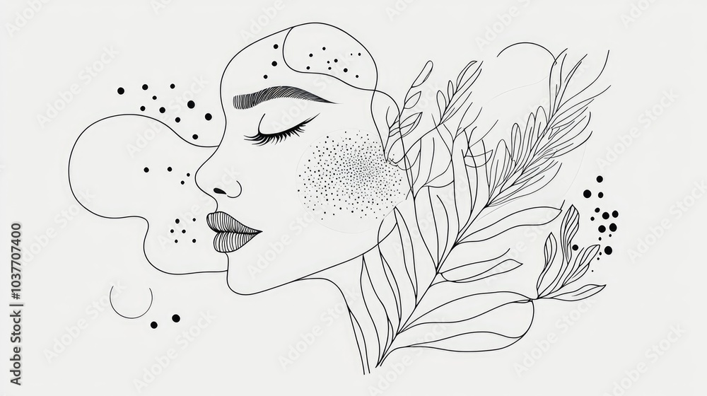 Poster isolated abstract shapes dots and lines merge with natural motifs and a face in a minimalistic line 