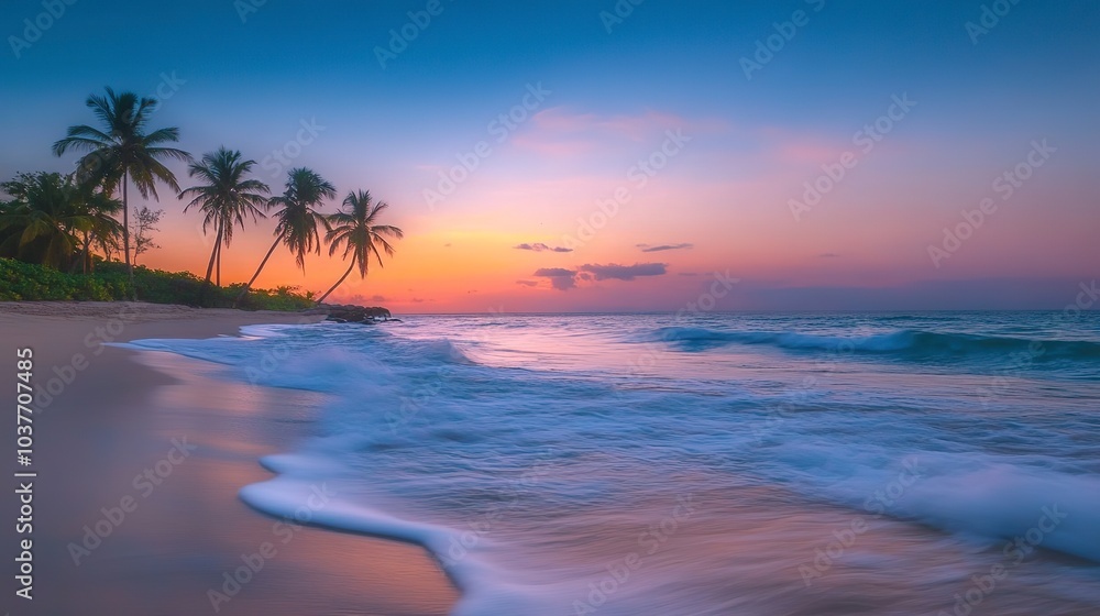 Poster deserted island at dusk palm trees swaying in the breeze soft orange glow on the horizon waves gentl