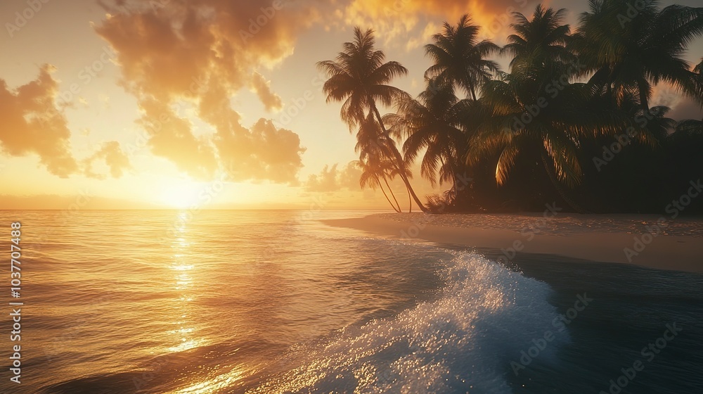 Poster deserted island at dusk palm trees swaying in the breeze soft orange glow on the horizon waves gentl