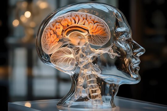Scientists and physicians are studying the brain. On the table is a head made of prosignal material and in it like a light bulb the brain burns. A profile of a man.