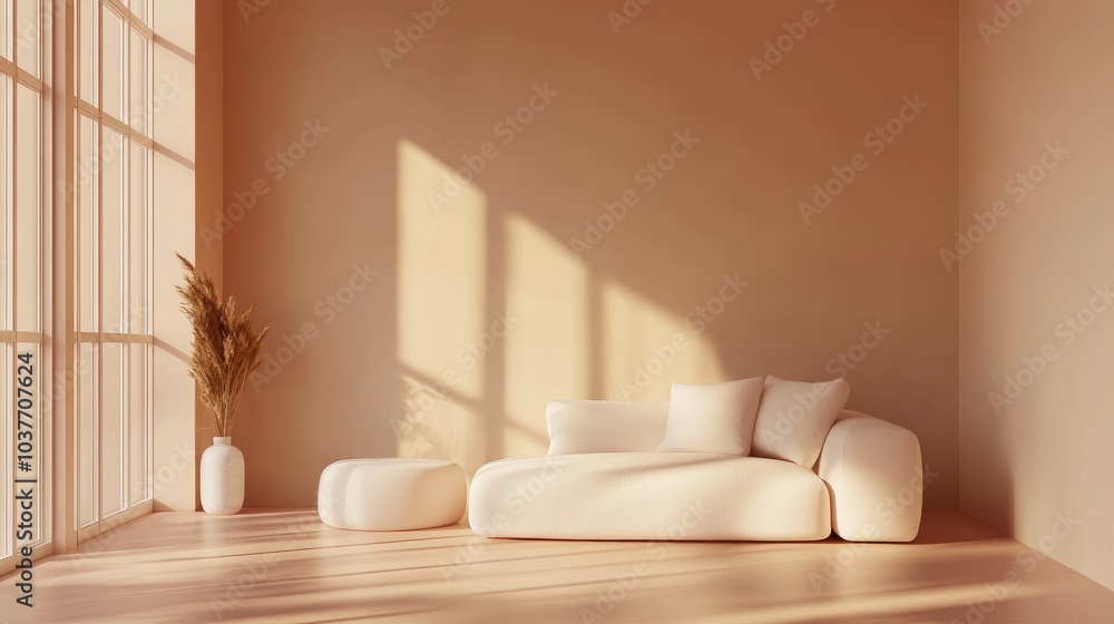 Aufkleber 3d rendering of a minimalist luxury lounge in peach fuzz color featuring a white sofa and an accent 